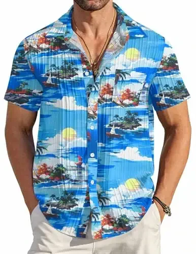 COOFANDY Men's Short Sleeve Button Down Shirt Casual Summer Beach Untucked Vacation Textured Shirts with Pocket 