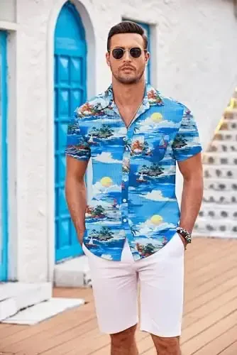 COOFANDY Men's Short Sleeve Button Down Shirt Casual Summer Beach Untucked Vacation Textured Shirts with Pocket - 3