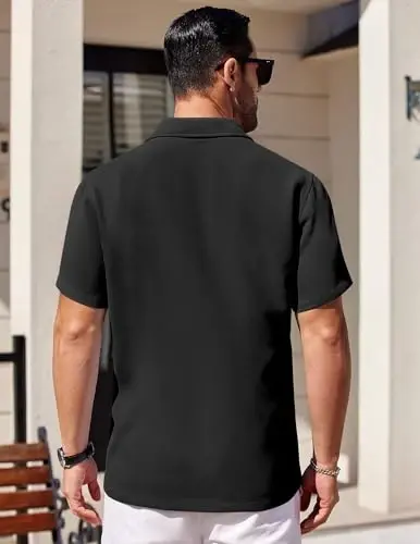 COOFANDY Mens Short Sleeve Button Down Shirts Waffle Shirt Casual Beach Summer Shirts Wrinkle Free Vacation Shirts - 4