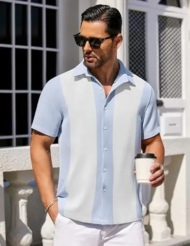 COOFANDY Mens Short Sleeve Button Down Shirts Waffle Shirt Casual Beach Summer Shirts Wrinkle Free Vacation Shirts - 2