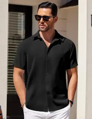 COOFANDY Mens Short Sleeve Button Down Shirts Waffle Shirt Casual Beach Summer Shirts Wrinkle Free Vacation Shirts - 2