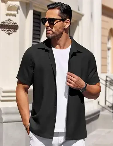 COOFANDY Mens Short Sleeve Button Down Shirts Waffle Shirt Casual Beach Summer Shirts Wrinkle Free Vacation Shirts - 3