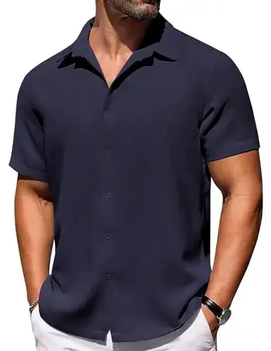 COOFANDY Mens Short Sleeve Button Down Shirts Waffle Shirt Casual Beach Summer Shirts Wrinkle Free Vacation Shirts - 1