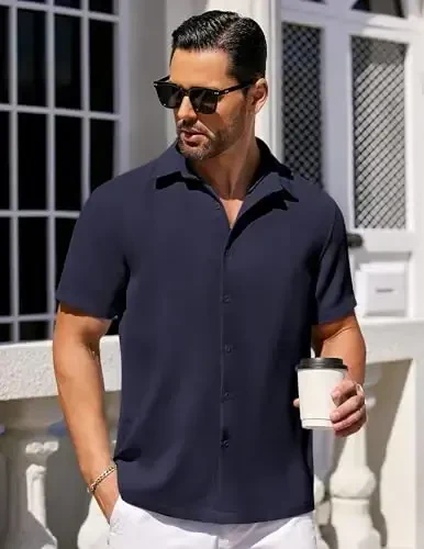 COOFANDY Mens Short Sleeve Button Down Shirts Waffle Shirt Casual Beach Summer Shirts Wrinkle Free Vacation Shirts - 2