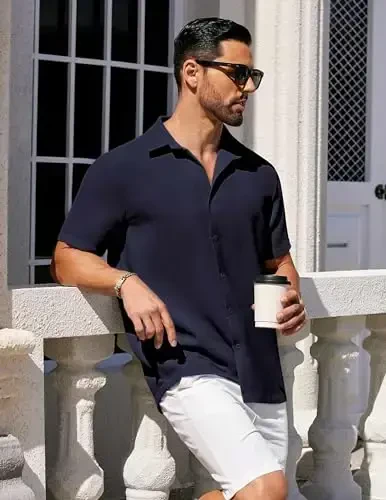 COOFANDY Mens Short Sleeve Button Down Shirts Waffle Shirt Casual Beach Summer Shirts Wrinkle Free Vacation Shirts - 3