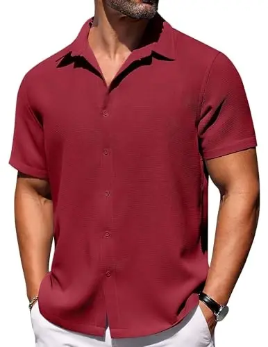 COOFANDY Mens Short Sleeve Button Down Shirts Waffle Shirt Casual Beach Summer Shirts Wrinkle Free Vacation Shirts 