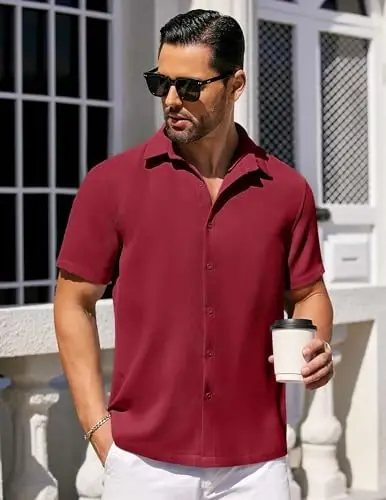 COOFANDY Mens Short Sleeve Button Down Shirts Waffle Shirt Casual Beach Summer Shirts Wrinkle Free Vacation Shirts - 2