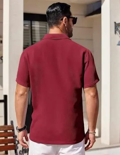 COOFANDY Mens Short Sleeve Button Down Shirts Waffle Shirt Casual Beach Summer Shirts Wrinkle Free Vacation Shirts - 4