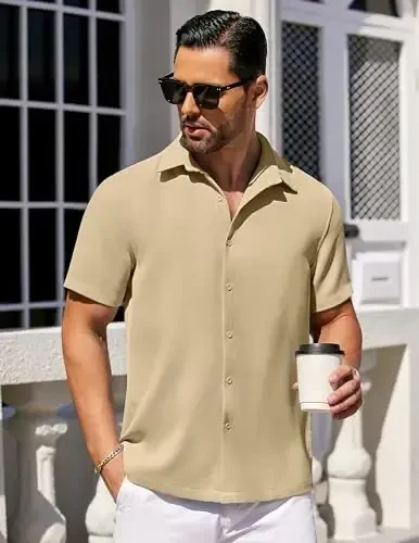 COOFANDY Mens Short Sleeve Button Down Shirts Waffle Shirt Casual Beach Summer Shirts Wrinkle Free Vacation Shirts - 2