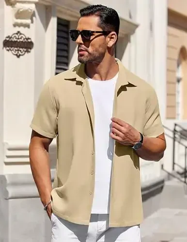 COOFANDY Mens Short Sleeve Button Down Shirts Waffle Shirt Casual Beach Summer Shirts Wrinkle Free Vacation Shirts - 3