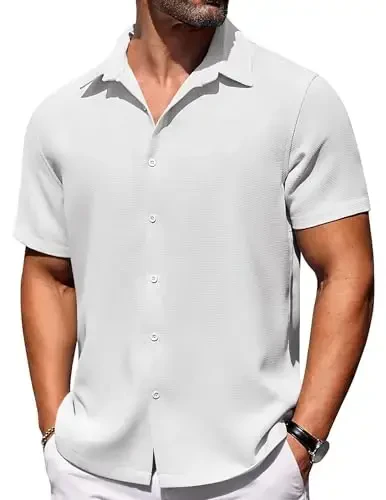 COOFANDY Mens Short Sleeve Button Down Shirts Waffle Shirt Casual Beach Summer Shirts Wrinkle Free Vacation Shirts - MODAZONE