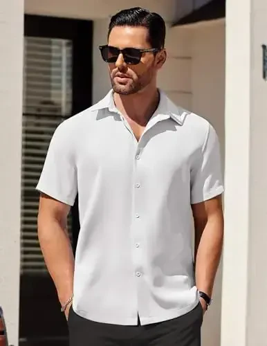 COOFANDY Mens Short Sleeve Button Down Shirts Waffle Shirt Casual Beach Summer Shirts Wrinkle Free Vacation Shirts - 2