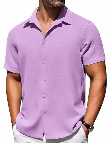 COOFANDY Mens Short Sleeve Button Down Shirts Waffle Shirt Casual Beach Summer Shirts Wrinkle Free Vacation Shirts - MODAZONE