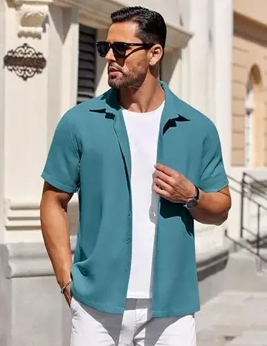 COOFANDY Mens Short Sleeve Button Down Shirts Waffle Shirt Casual Beach Summer Shirts Wrinkle Free Vacation Shirts - 3