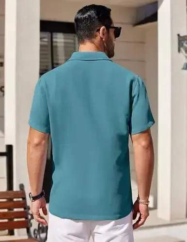 COOFANDY Mens Short Sleeve Button Down Shirts Waffle Shirt Casual Beach Summer Shirts Wrinkle Free Vacation Shirts - 4