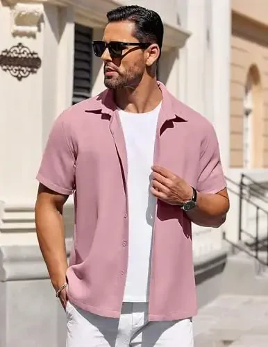 COOFANDY Mens Short Sleeve Button Down Shirts Waffle Shirt Casual Beach Summer Shirts Wrinkle Free Vacation Shirts - 3