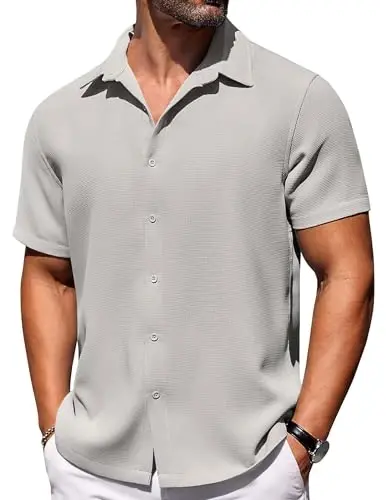 COOFANDY Mens Short Sleeve Button Down Shirts Waffle Shirt Casual Beach Summer Shirts Wrinkle Free Vacation Shirts 