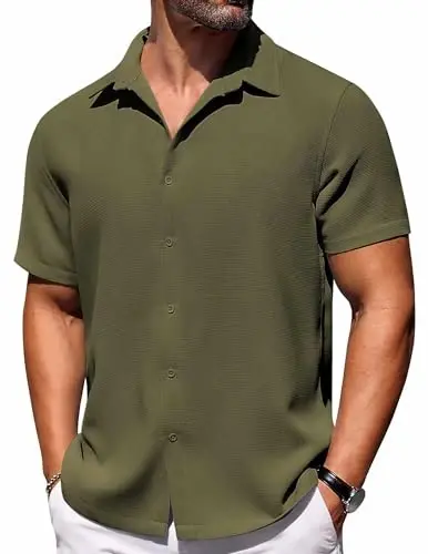 COOFANDY Mens Short Sleeve Button Down Shirts Waffle Shirt Casual Beach Summer Shirts Wrinkle Free Vacation Shirts - 1
