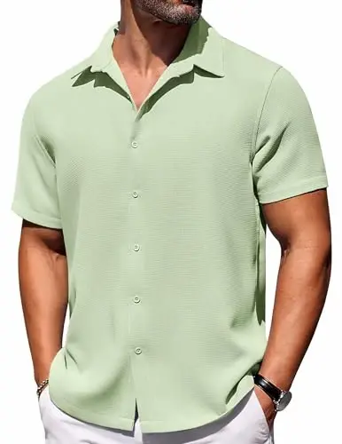 COOFANDY Mens Short Sleeve Button Down Shirts Waffle Shirt Casual Beach Summer Shirts Wrinkle Free Vacation Shirts - 1