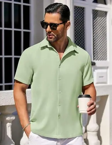 COOFANDY Mens Short Sleeve Button Down Shirts Waffle Shirt Casual Beach Summer Shirts Wrinkle Free Vacation Shirts - COOFANDY (1)