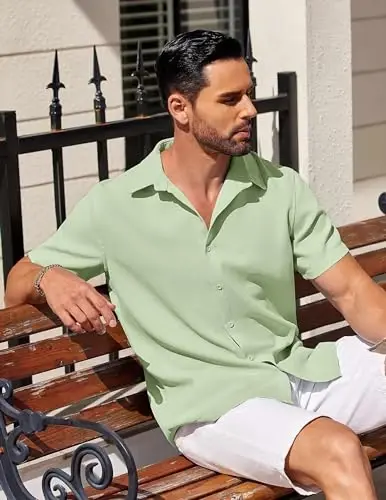 COOFANDY Mens Short Sleeve Button Down Shirts Waffle Shirt Casual Beach Summer Shirts Wrinkle Free Vacation Shirts - 3