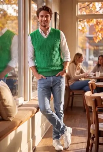 COOFANDY Men's Sweater Vest Cable Knitted V Neck Slim Fit Sleeveless Pullover Sweater - 4