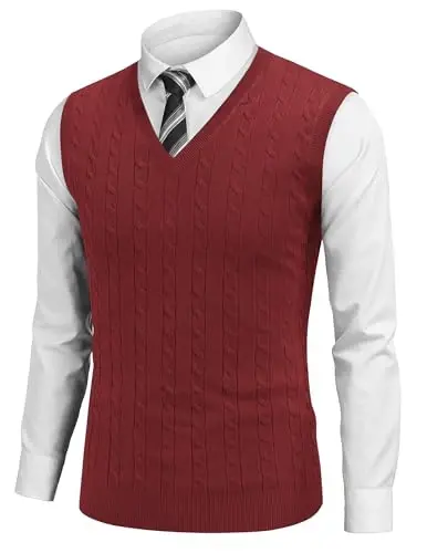 COOFANDY Men's Sweater Vest Cable Knitted V Neck Slim Fit Sleeveless Pullover Sweater - 1