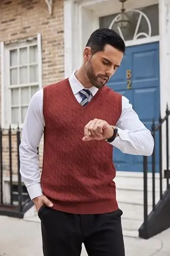 COOFANDY Men's Sweater Vest Cable Knitted V Neck Slim Fit Sleeveless Pullover Sweater - COOFANDY (1)