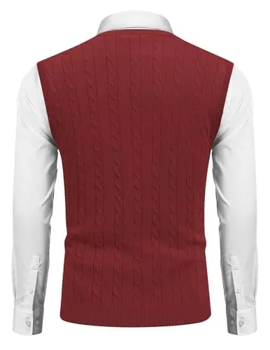 COOFANDY Men's Sweater Vest Cable Knitted V Neck Slim Fit Sleeveless Pullover Sweater - 4