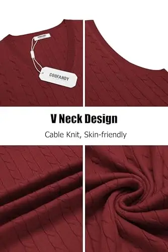 COOFANDY Men's Sweater Vest Cable Knitted V Neck Slim Fit Sleeveless Pullover Sweater - 5