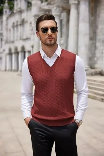 COOFANDY Men's Sweater Vest Cable Knitted V Neck Slim Fit Sleeveless Pullover Sweater - 6