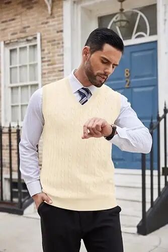 COOFANDY Men's Sweater Vest Cable Knitted V Neck Slim Fit Sleeveless Pullover Sweater - COOFANDY (1)
