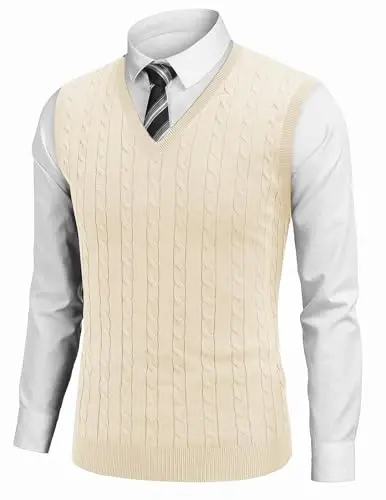 COOFANDY Men's Sweater Vest Cable Knitted V Neck Slim Fit Sleeveless Pullover Sweater - 1