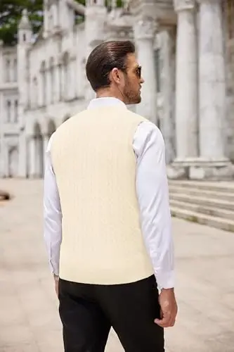 COOFANDY Men's Sweater Vest Cable Knitted V Neck Slim Fit Sleeveless Pullover Sweater - 3