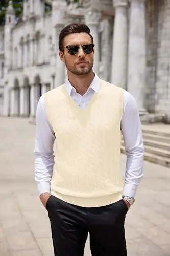 COOFANDY Men's Sweater Vest Cable Knitted V Neck Slim Fit Sleeveless Pullover Sweater - 6