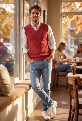 COOFANDY Men's Sweater Vest Cable Knitted V Neck Slim Fit Sleeveless Pullover Sweater - 4