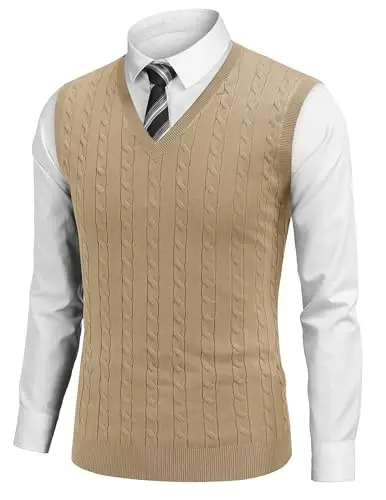 COOFANDY Men's Sweater Vest Cable Knitted V Neck Slim Fit Sleeveless Pullover Sweater - 1