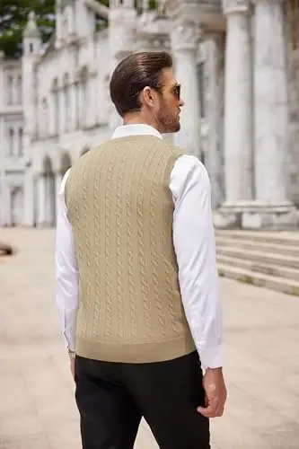 COOFANDY Men's Sweater Vest Cable Knitted V Neck Slim Fit Sleeveless Pullover Sweater - 3