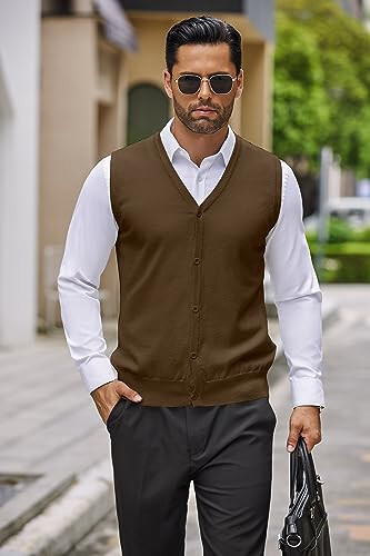 COOFANDY Men's Sweater Vest V Neck Casual Sleeveless Knitted Button Cardigan Vest - 3