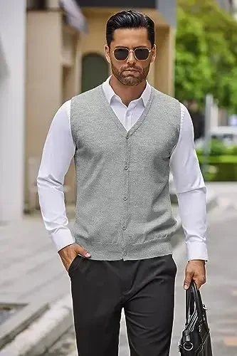 COOFANDY Men's Sweater Vest V Neck Casual Sleeveless Knitted Button Cardigan Vest - 3