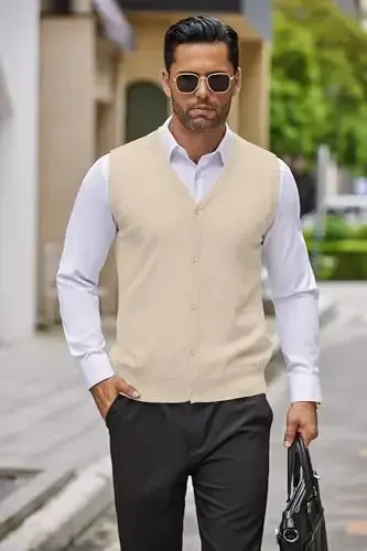 COOFANDY Men's Sweater Vest V Neck Casual Sleeveless Knitted Button Cardigan Vest - 3