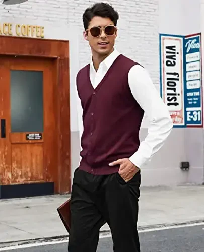 COOFANDY Men's Sweater Vest V Neck Casual Sleeveless Knitted Button Cardigan Vest - 4