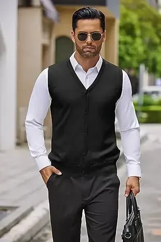 COOFANDY Men's Sweater Vest V Neck Casual Sleeveless Knitted Button Cardigan Vest - 3