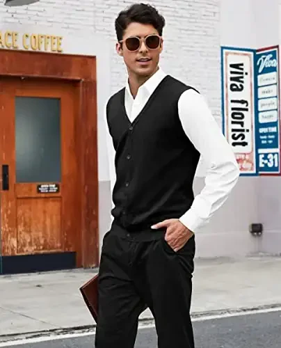 COOFANDY Men's Sweater Vest V Neck Casual Sleeveless Knitted Button Cardigan Vest - 6