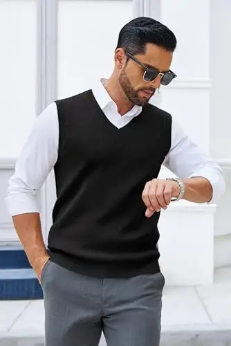 COOFANDY Men's Sweater Vest V Neck Sleeveless Sweater Casual Knitted Vests | Regular Fit, Lightweight, Stretch Soft, Business Casual Matching, Fall Winter Fashion, Classic Design, Durable, Wrinkle-Free - 4