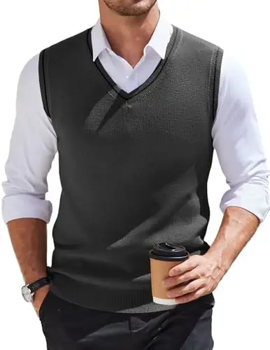 COOFANDY Men's Sweater Vest V Neck Sleeveless Sweater Casual Knitted Vests | Regular Fit, Lightweight, Stretch Soft, Business Casual Matching, Fall Winter Fashion, Classic Design, Durable, Wrinkle-Free - 1