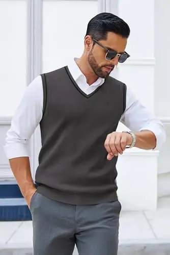 COOFANDY Men's Sweater Vest V Neck Sleeveless Sweater Casual Knitted Vests | Regular Fit, Lightweight, Stretch Soft, Business Casual Matching, Fall Winter Fashion, Classic Design, Durable, Wrinkle-Free - 4