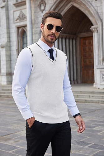 COOFANDY Men's Sweater Vest V Neck Sleeveless Sweater Slim Fit Casual Knitted Pullover Sweater - 4