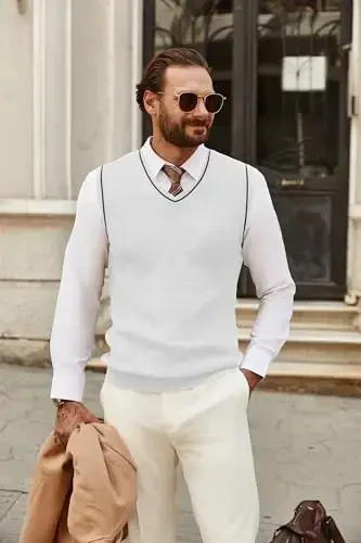 COOFANDY Men's Sweater Vest V Neck Sleeveless Sweater Slim Fit Casual Knitted Pullover Sweater - 3
