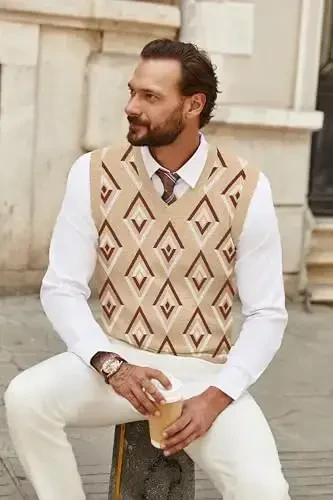 COOFANDY Men's Sweater Vest V Neck Sleeveless Sweater Slim Fit Casual Knitted Pullover Sweater - 3